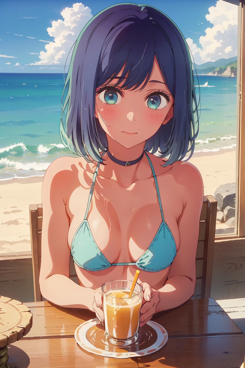 (Highest quality:1.4、masterpiece:1.4、Super detailed:1.4、8k:1.4)、((((1 person、Surprised expression、sit、Cafe Terrace、coastal、juice、table、Sandy Beach、juiceのグラスを持つ、Micro Bikini、Very soft 、Big eyes、Very cute face))))、F cup bust、Medium breast、Underboob