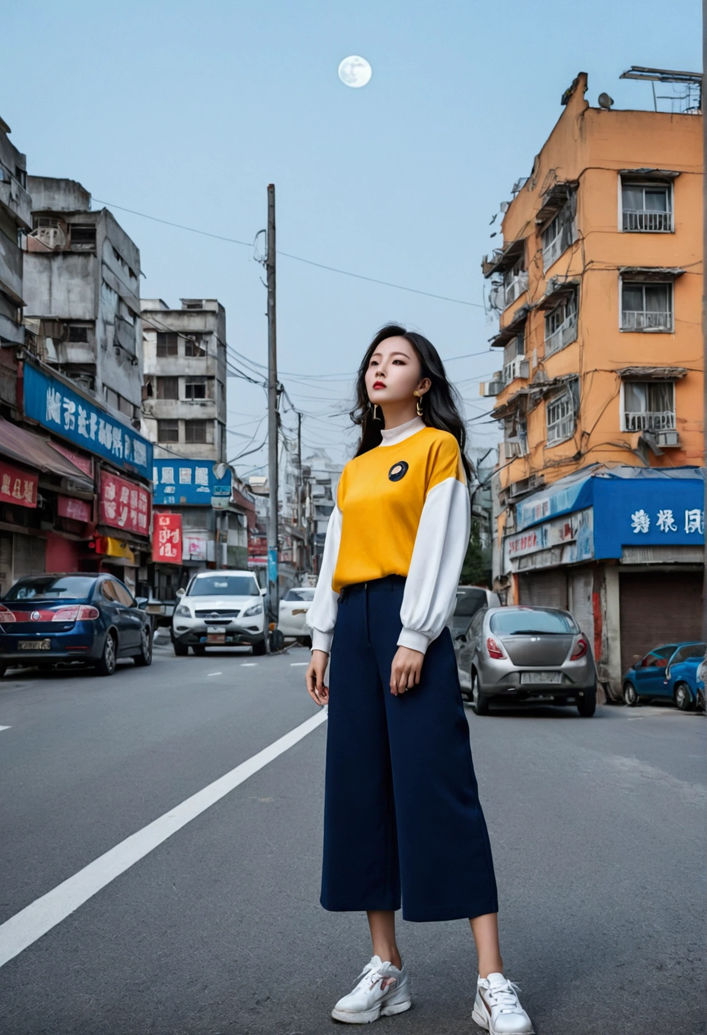 Poster Style, Specific text, Strong color contrast, Stunning composition, The moon in the background、大胆而Fashion, , Be confident, Street View,English text, 大胆Fashion,Confident attitude,Empowering rebellious girls,Street style, Fashion,Bold font,High target,Contrasting colors, clothing,Eye-Catching Composition,The atmosphere of the urban landscape
