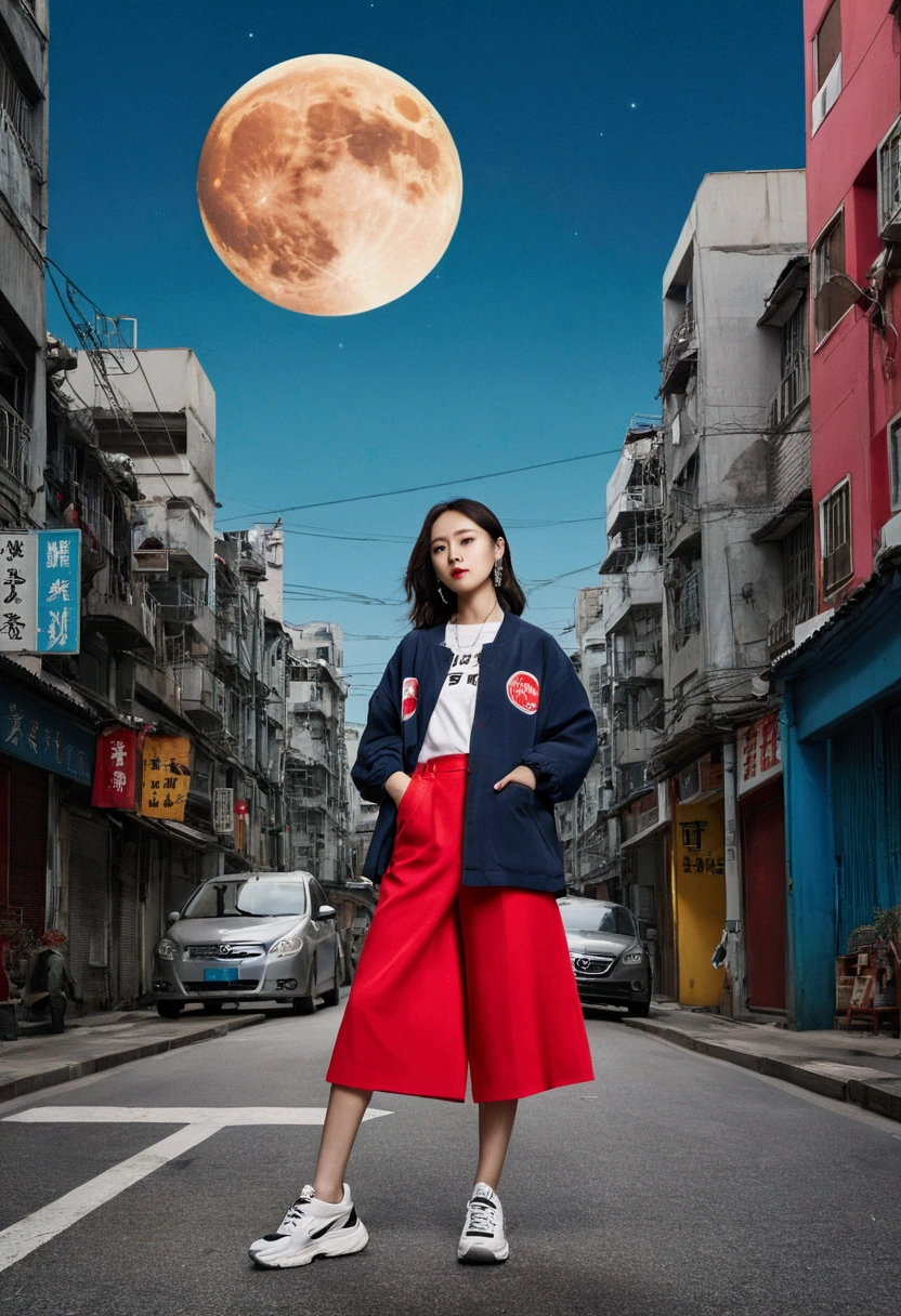 Poster Style, Specific text, Strong color contrast, Stunning composition, The moon in the background、大胆而Fashion, , Be confident, Street View,English text, 大胆Fashion,Confident attitude,Empowering rebellious girls,Street style, Fashion,Bold font,High target,Contrasting colors, clothing,Eye-Catching Composition,The atmosphere of the urban landscape