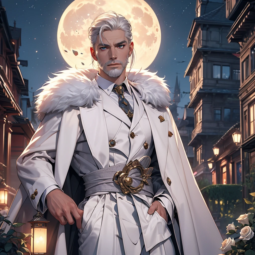 masterpiece, Highest quality, (alone focus), (Perfect Face:1.1), (Attention to detail:1.1), (Ultra-detailed eyes), dramatic, 1 person, (Pale skin), Long white hair, Psychic Eyes, (Thin eyebrows), alone, Long Hair, Tiago Azevedo, moon, night, White luxury suit, Pouting, fur, Proud look,garden, Detailed Background, Art by artgerm, Cinema Lighting, rose, fashion, Balenciaga Style