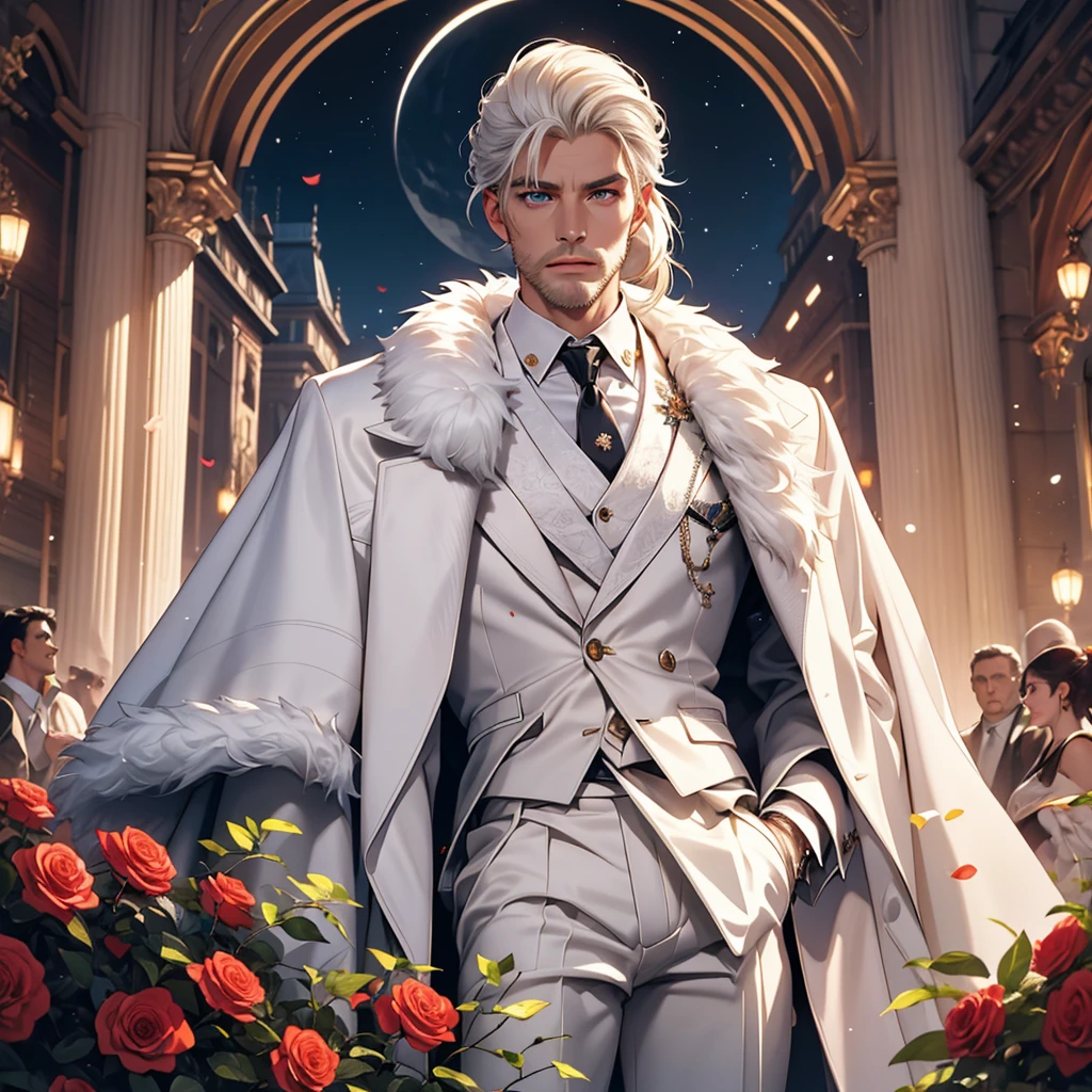 masterpiece, Highest quality, (alone focus), (Perfect Face:1.1), (Attention to detail:1.1), (Ultra-detailed eyes), dramatic, 1 person, (Pale skin), Long white hair, Psychic Eyes, (Thin eyebrows), alone, Long Hair, Tiago Azevedo, moon, night, White luxury suit, Pouting, fur, Proud look,garden, Detailed Background, Art by artgerm, Cinema Lighting, rose, fashion, Balenciaga Style