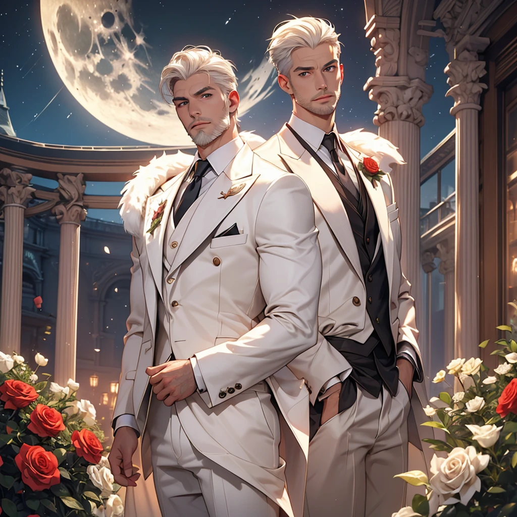 masterpiece, Highest quality, (alone focus), (Perfect Face:1.1), (Attention to detail:1.1), (Ultra-detailed eyes), dramatic, 1 person, (Pale skin), Long white hair, Psychic Eyes, (Thin eyebrows), alone, Long Hair, Tiago Azevedo, moon, night, White luxury suit, Pouting, fur, Proud look,garden, Detailed Background, Art by artgerm, Cinema Lighting, rose, fashion, Balenciaga Style