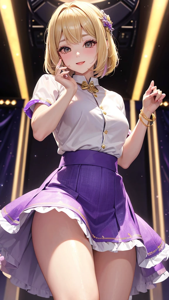 Blonde、Bob Hair、Golden Eyes、ColorPurple、Idol、Fluffy skirt、dance、sexy