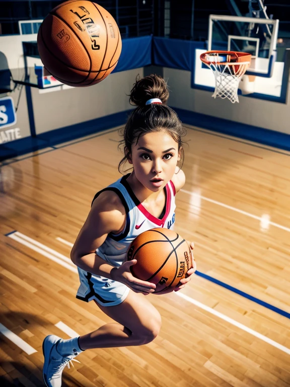 (Ball in the basketball ring), Hold up the ball with both hands, NBA basketball player, 1girl, Brooke Lee Adams, Incredible jump, floating down from the basketball court, best quality, (masterpiece), hyper detailed, ultra high res, photorealistic, raw photo, absolutely resolution, ((aerial view)), hand focus, looking up at basketball ring, 