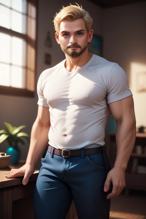 Tall and muscular 40 year old man with blue eyes and blonde hair; fair skin; scruffy beard; athletic build; wearing casual clothes; best quality; trending on artstation; dark room with complex volumetric lighting; strong shadows; artistic lighting; dynamic; energetic vibe; realistic skin; specular highlights; micro-textures; highly detailed hair