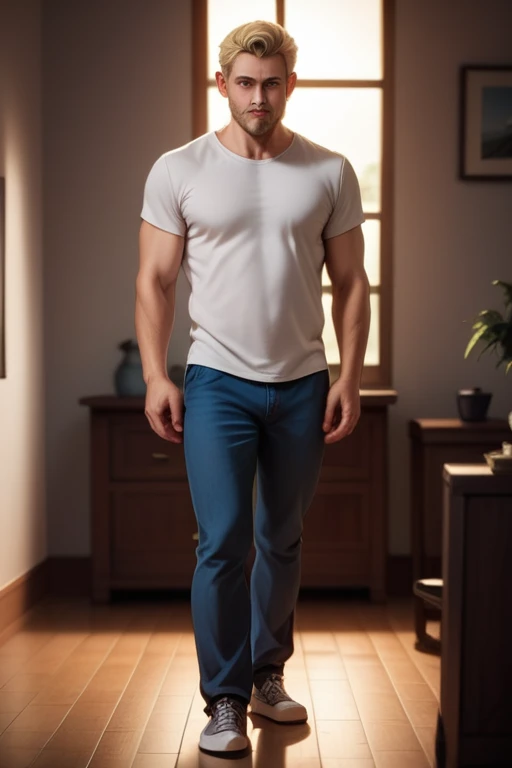 Tall and muscular 40 year old man with blue eyes and blonde hair; fair skin; scruffy beard; athletic build; wearing casual clothes; best quality; trending on artstation; dark room with complex volumetric lighting; strong shadows; artistic lighting; dynamic; energetic vibe; realistic skin; specular highlights; micro-textures; highly detailed hair