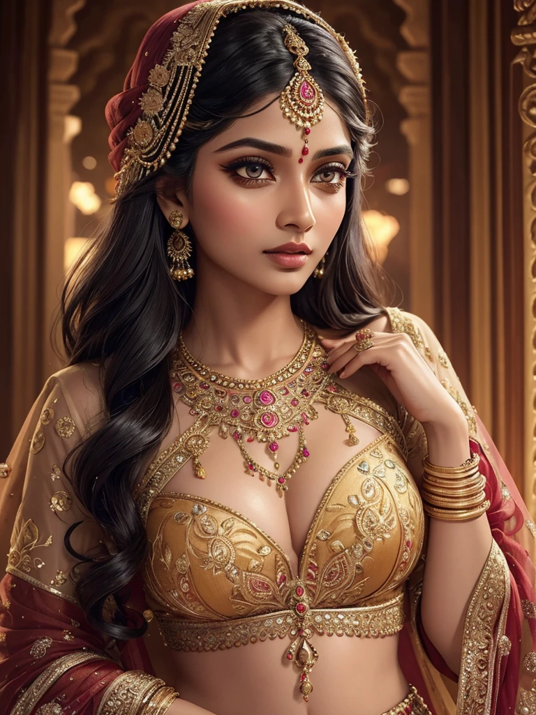 pooja hedge, beautiful detailed eyes, beautiful detailed lips, extremely detailed face and eyes, long eyelashes, indian woman, traditional indian lehenga, intricate ornate jewelry, ornate headdress, opulent, vibrant colors, detailed embroidery, shimmering fabric, ornate decorative background, photo-realistic, 8k, highly detailed, masterpiece