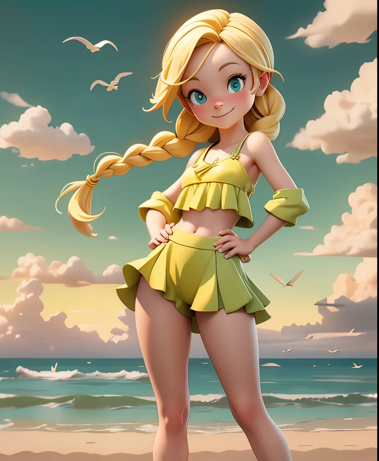 Blonde girl in a yellow bikini, Pale emerald green eyes, Back view, Composition above the knee, Look back with a smile, Hands on hips, Braided Hair, beach, sunset, Seagulls are flying in the distance, Rising cumulonimbus clouds.