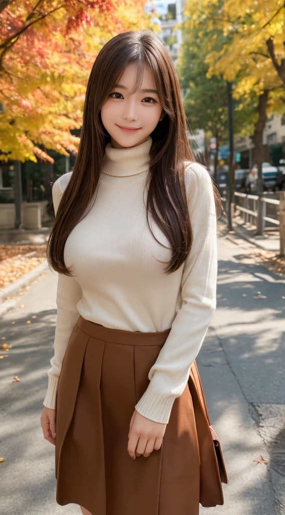 Tabletop、Highest quality、 Ultra-detailed、High resolution、8k wallpaper、Perfect dynamic composition,、Beautiful attention to detail、(Beautiful big breasts:1.4)、Tabletop,Highest quality,Very detailed,In detail,High resolution,In 8K,((Photorealistic:1.4,RAW Photos,超High resolution,Top imYear quality:1.4)),pretty girl、high school student、１７Year、Slender、Small Face、Big eyes、smile、Brown Hair、Long-haired、Straight Hair、Light brown long sleeve knit、small turtleneck、Compact shoulder bag、The strap of the bag goes across the chest、Red long skirt、Autumn leaves avenue、