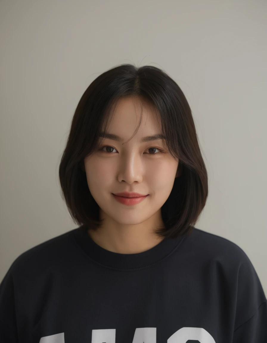 Best Quality, 8k, Masterpiece, (Portrait: 1.3), (photo realistic:1.4), (hyper realistic:1.4), Sharp Focus, looking at viewer, (smoother lighting:1.1), (increase cinematic lighting quality:0.9), realistic lighting, backlighting, light on face, ray trace, (brightening light:1.2), (Increase quality:1.4), sharp detail, (best quality real texture skin:1.4), finely detailed eyes, black_eyes, finely detailed face, 25 year old Korean woman, (white formal_shirt:1.4), (Create an image maintaining the original base model hairstyle:1.5),smiling_face