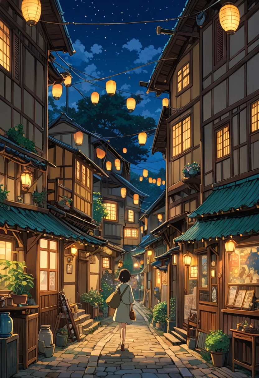 Studio Ghibli-style anime movies, Movie stills, Highest quality, masterpiece, Representative works, Official Art, Professional, Super intricate details, 8k, Night view