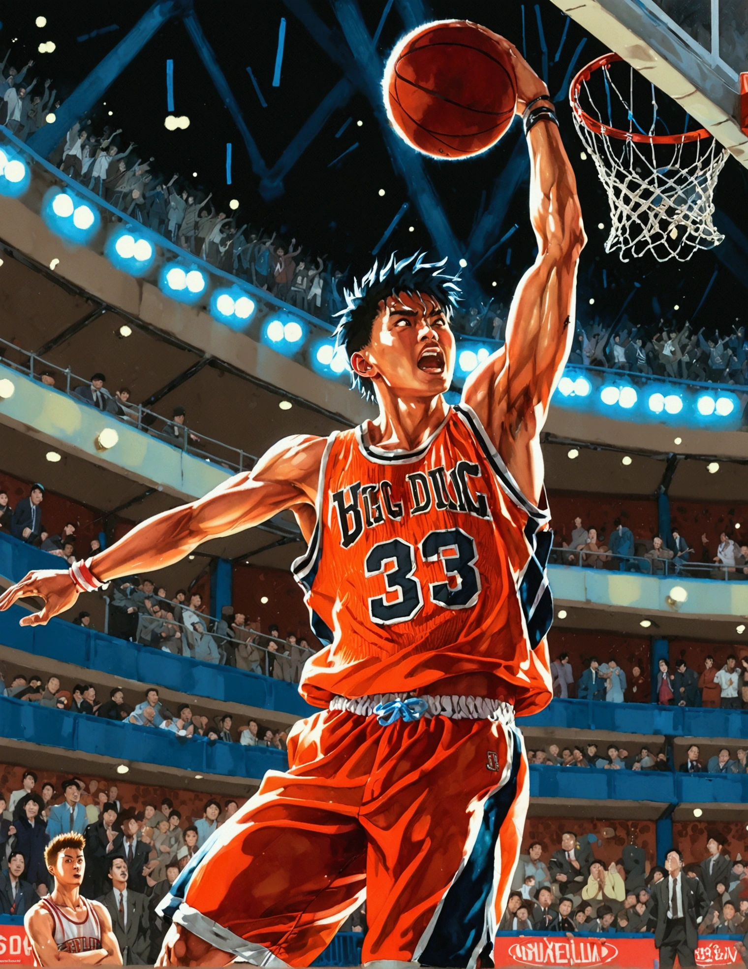 SLAM DUNK, Sakuragi Hanamichi, ((incredible dunk)), (big slam dunk moment:1.5), extremely detailed action pose, intense expression, focused eyes, sweat flying, basketball court background, crowd cheering, highly dynamic, sharp focus, vivid colors, studio lighting, dramatic lighting, nostalgic color palette, high contrast, physically-based rendering, ultra-fine painting, motion blur, anime style, UHD, masterpiece, accurate, anatomically correct, textured skin, best quality