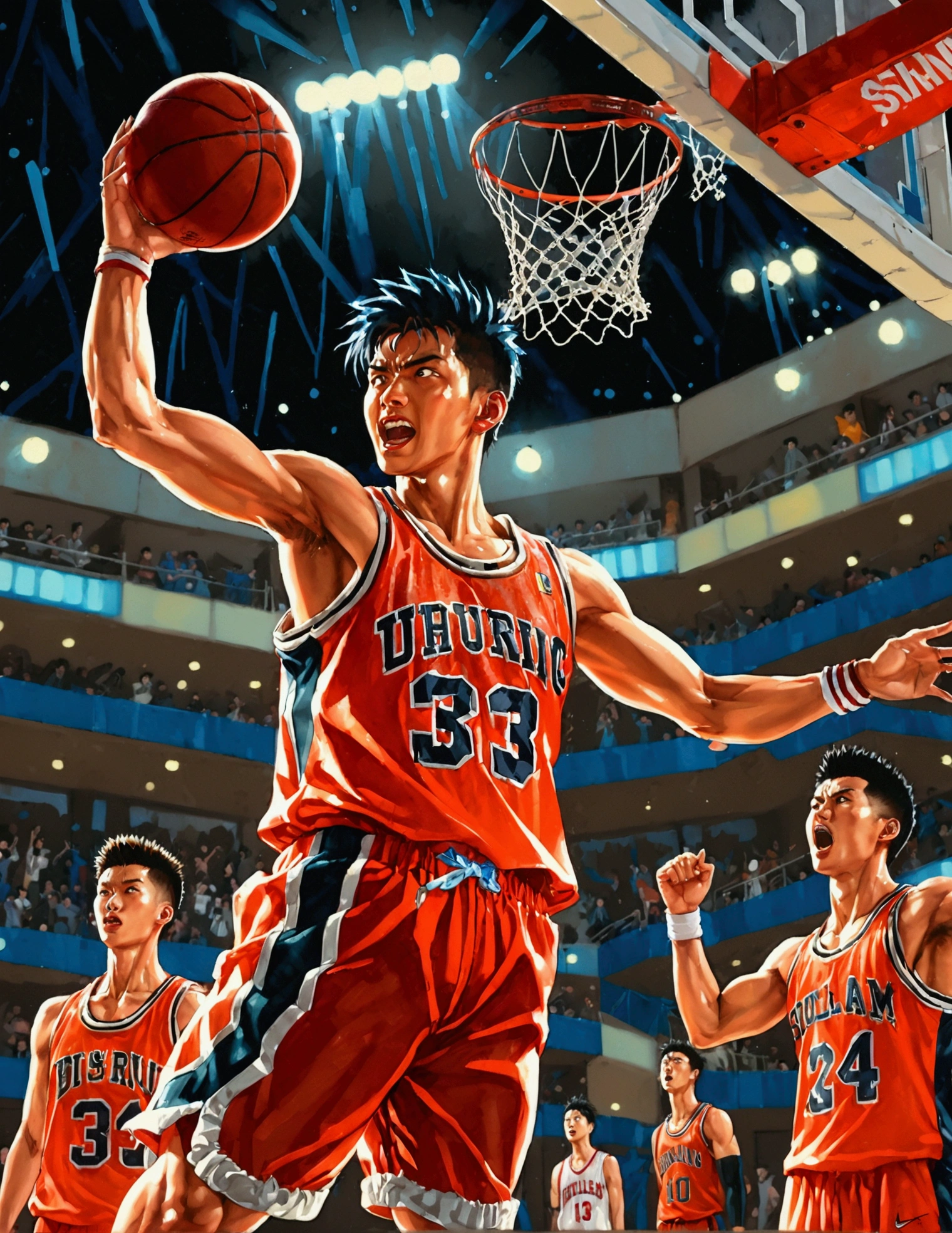 SLAM DUNK, Sakuragi Hanamichi, incredible dunk, big slam dunk moment, extremely detailed action pose, intense expression, focused eyes, sweat flying, basketball court background, crowd cheering, highly dynamic, sharp focus, vivid colors, studio lighting, dramatic lighting, nostalgic color palette, high contrast, physically-based rendering, ultra-fine painting, motion blur, anime style, UHD, masterpiece, accurate, anatomically correct, textured skin, best quality