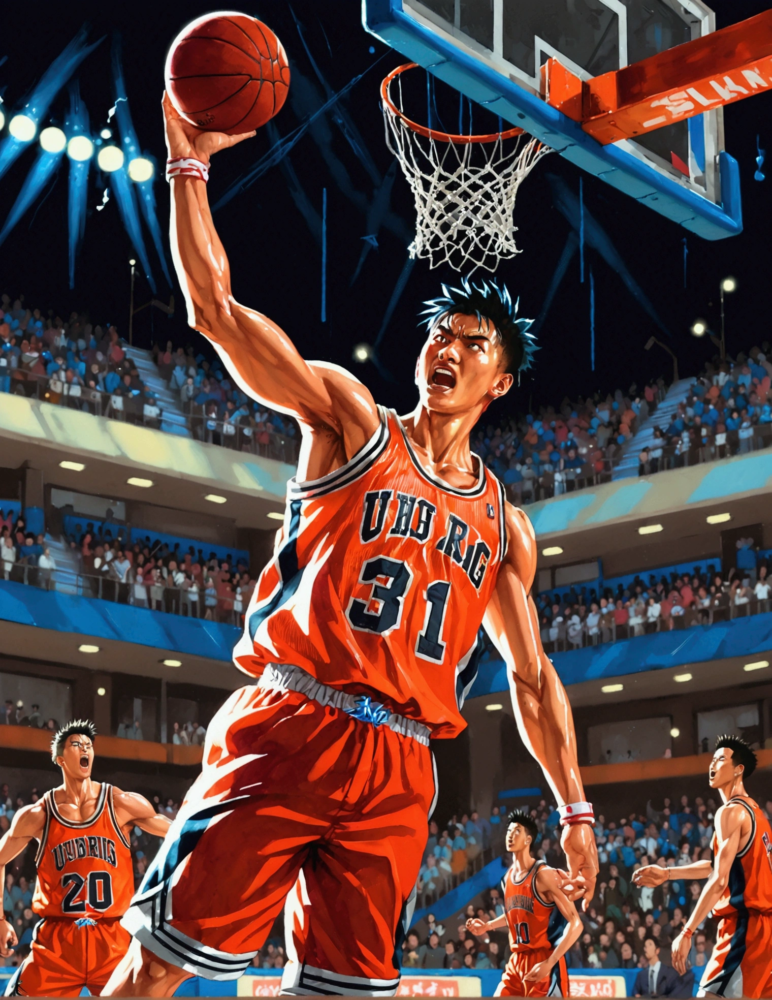 SLAM DUNK, Sakuragi Hanamichi, ((incredible dunk)), (big slam dunk moment:1.5), extremely detailed action pose, intense expression, focused eyes, sweat flying, basketball court background, crowd cheering, highly dynamic, sharp focus, vivid colors, studio lighting, dramatic lighting, nostalgic color palette, high contrast, physically-based rendering, ultra-fine painting, motion blur, anime style, UHD, masterpiece, accurate, anatomically correct, textured skin, best quality