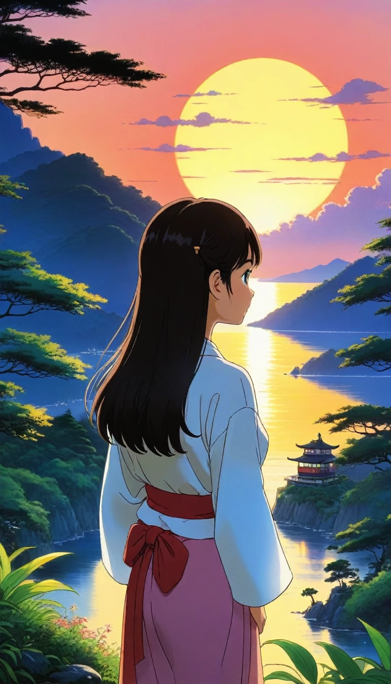 Japanese summer sunset、Girl Gazing、Rich in nature、((Ghibli anime)), Fantasy, wonderful,
