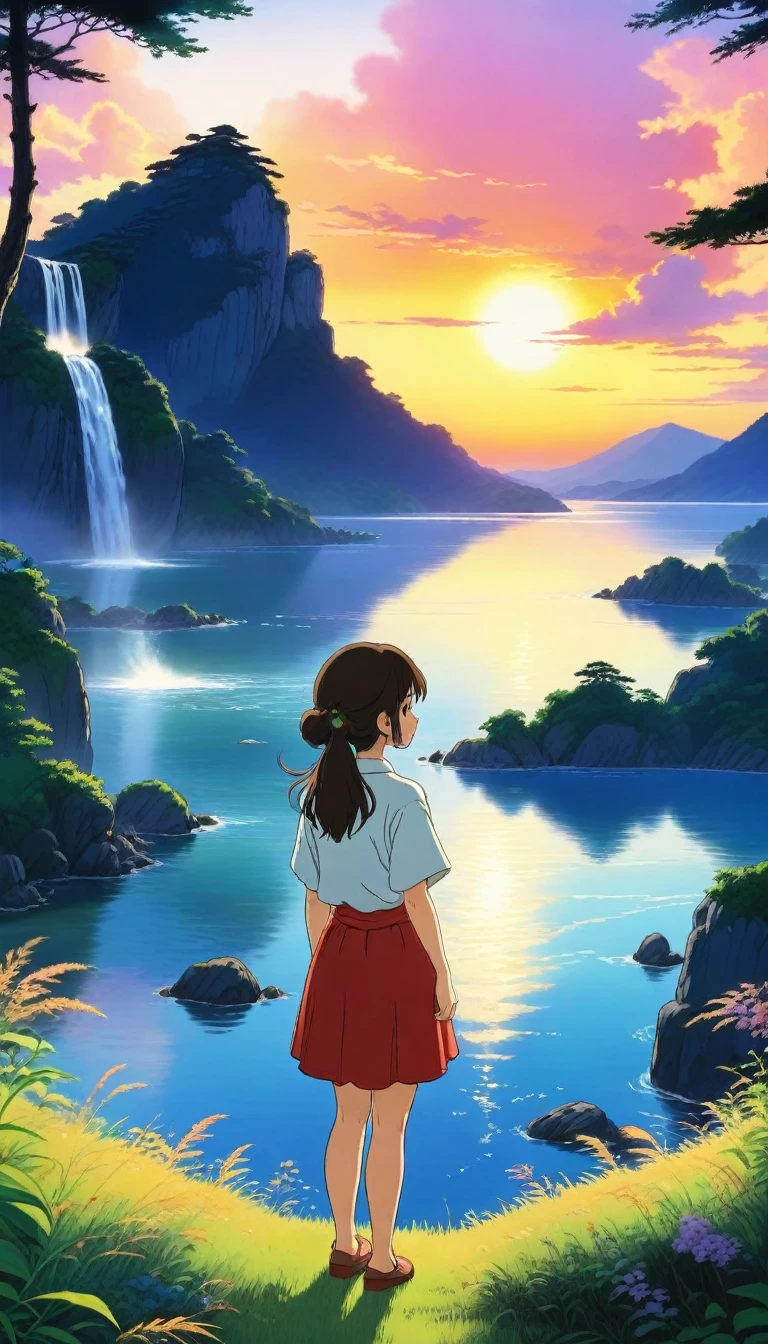 Japanese summer sunset、Girl Gazing、Rich in nature、((Ghibli anime)), Fantasy, wonderful,