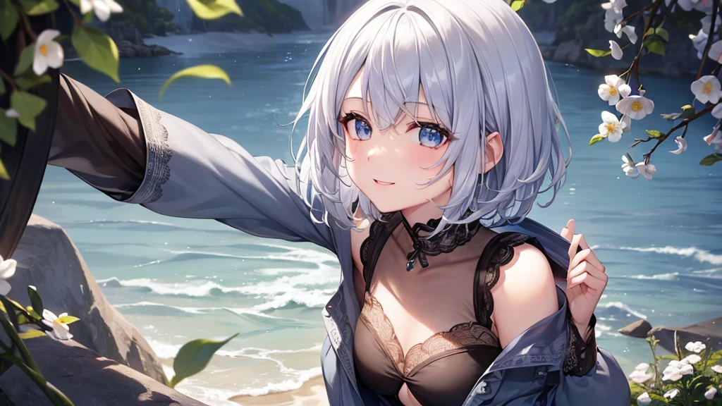 Ultra HD,Look at the viewers, Put your hands behind your back, With a girl, 20-year-old, 非常にShort Hair, Long bangs between the eyes, Pale blue eyes,  Very detailed,(masterpiece、Highest quality),Gray Hair、Laughter、Fantastic, Silver Hair, Iris,  Short hair、 Fluttering Hair、Small Face、明るいsmile、(Detailed face) ,Professional Lighting,Wonderful landscape,blue sky, sunlight,Looking down from above,Portraiture、Open your mouth、Flower Field、Her eyes were shining、Mysterious and enchanting atmosphere。With AI Painting、とてもShort Hair, Long bangs between the eyes, Very detailed,(masterpiece、Highest quality)、alone、Gray Hair、Fantasy, Silver Hair, Fantasyな風景、smile、Open your mouth、short hair、Short Hair、hairpin、black eye、Grey Eyes、Beautiful Eyes、Black Shirt、White hoodie