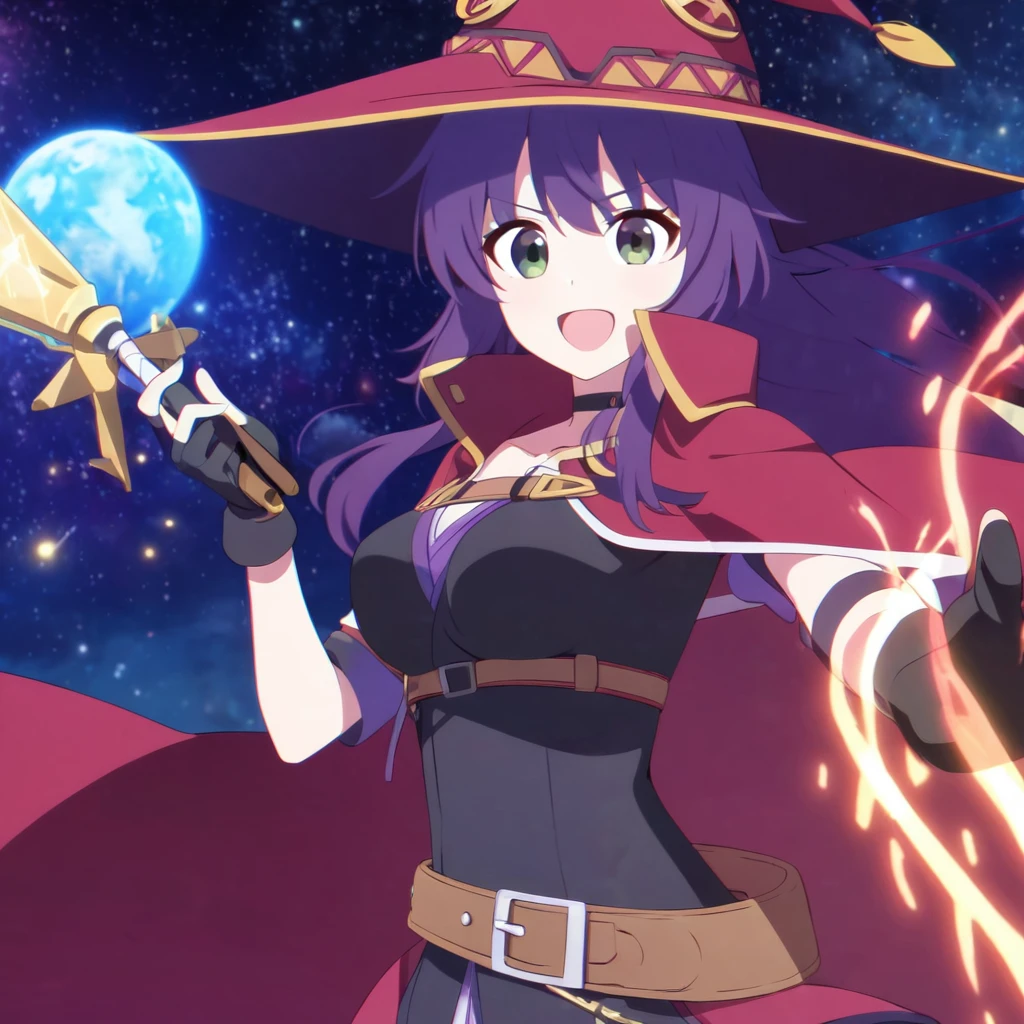 Anime girl,HD,Space Planet Background,Japanese Flag,Purple Long Hair,dark green eyes,Red Witch Hat,Red Cloak,Red long boots,medium breasts,leather belt,1girl,female,beautiful,black glove,Magic wand,aura effect