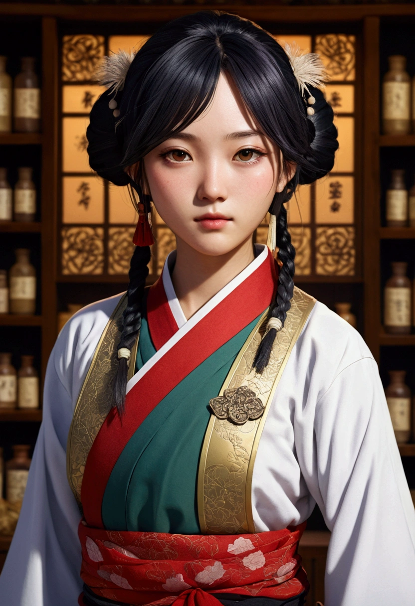 A character in the art style of the anime called "the apothecary diaries" with mao mao. She is a fighter, but wears traditional clothes (2d)