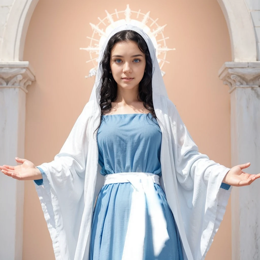 Beautiful woman with open arms, detailed light blue eyes, Curly black hair. wearing a blue tunic with wide, long sleeves adjusted at the waist by an interlaced white sash