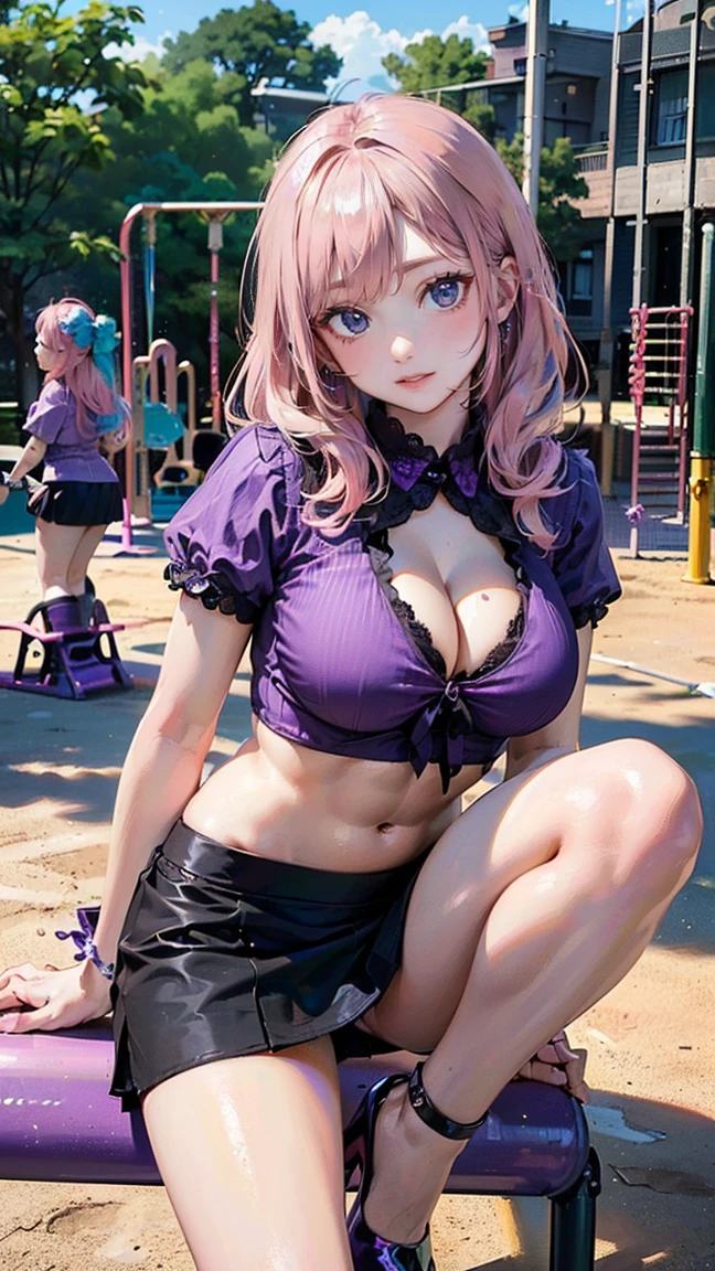 ((Highest quality, 8k, masterpiece :1.3)), (Sharp focus :1.2, Beautiful woman with perfect figure :1.4, Slim Abs :1.2), ((Big Breasts, Emphasize cleavage, The underboob is visible:1.3)), (Photorealistic:1.4), (realistic:1.4), (Pink Hair:1.5), Highly detailed face and skin texture, Fine grain, double eyelid. Makeup face, A little bit of lipstick, sex appeal, Sexy gravure pose, ((Purple shirt and black mini skirt、Purple High Heels、Leaning on playground equipment in the schoolyard。The ear cuffs are eye-catching。:1.3)