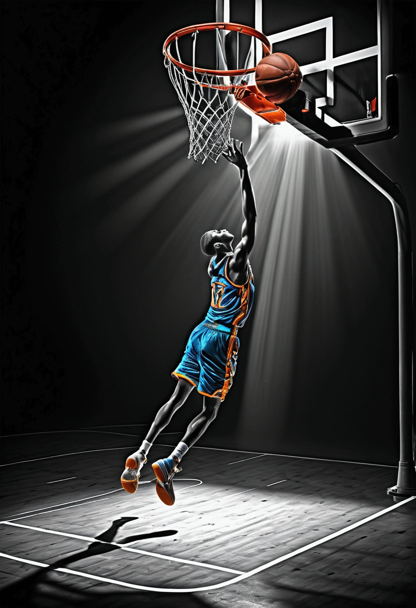 (Game-Winning Dunk, basketball hoop), Capture the ethereal light and shadow in a stunning photograph with selective color details, revealing the hidden poetry of (glowing objects), full body, award-winning, cinematic still, emotional, vignette, dynamic, vivid, (masterpiece, best quality, Professional, perfect composition, very aesthetic, absurdres, ultra-detailed, intricate details:1.3)