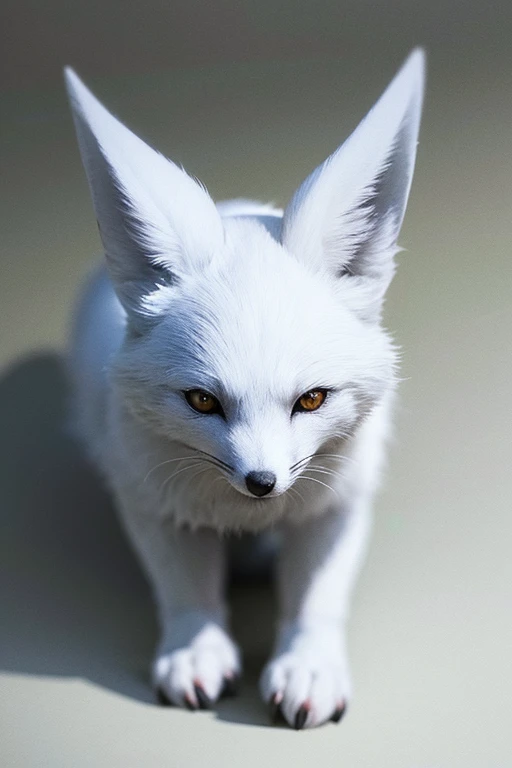 WHITE FOX, WITH A BLACK TAIL, BIG EYES, SITS ON THE FLOOR, pulls his right paw forward, up