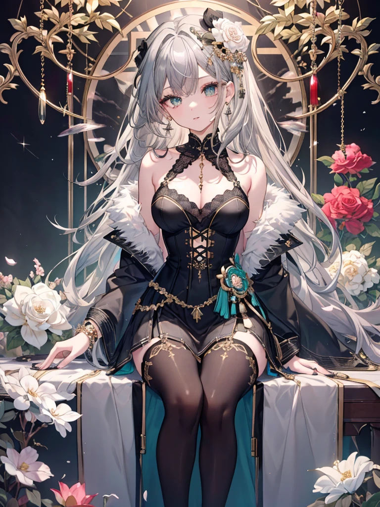 Vivid、8k,High resolution RAW color art, animation,Sculpture, Silver Marble Skin, (((Highly detailed elegant))), Magical atmosphere, Detailed skin, texture,(Exquisitely crafted, The finer details, Ultra-detailed art), Depth of written boundary, Silky Touch, Hyper Detail, White Background、Beautiful Eyes, Elegant face, Ivory Rose, eye shadow、(Highest quality:1.2, High detail, masterpiece:1.2, Best aesthetics), (1 Girl), Beautiful woman, Beautiful attention to detail, Beautiful lip detail, Highly detailed face, Delicate depiction of hair and eyes, Detailed Fashion, Aqua Eye, Earrings, Slightly larger breasts,Full body depiction, ,Focus on the user、Beautiful black off-shoulder top、Beautiful black above the knee skirt、Tights up to the knee、Thighs、Gold decoration, Black nails, (((Gray Hair))), Gold bracelet, Long Straight Hair, Light blue inner hair、Hair、Red cheeks、Looking up、evening、Cherry Blossom、Fluttering clothes,