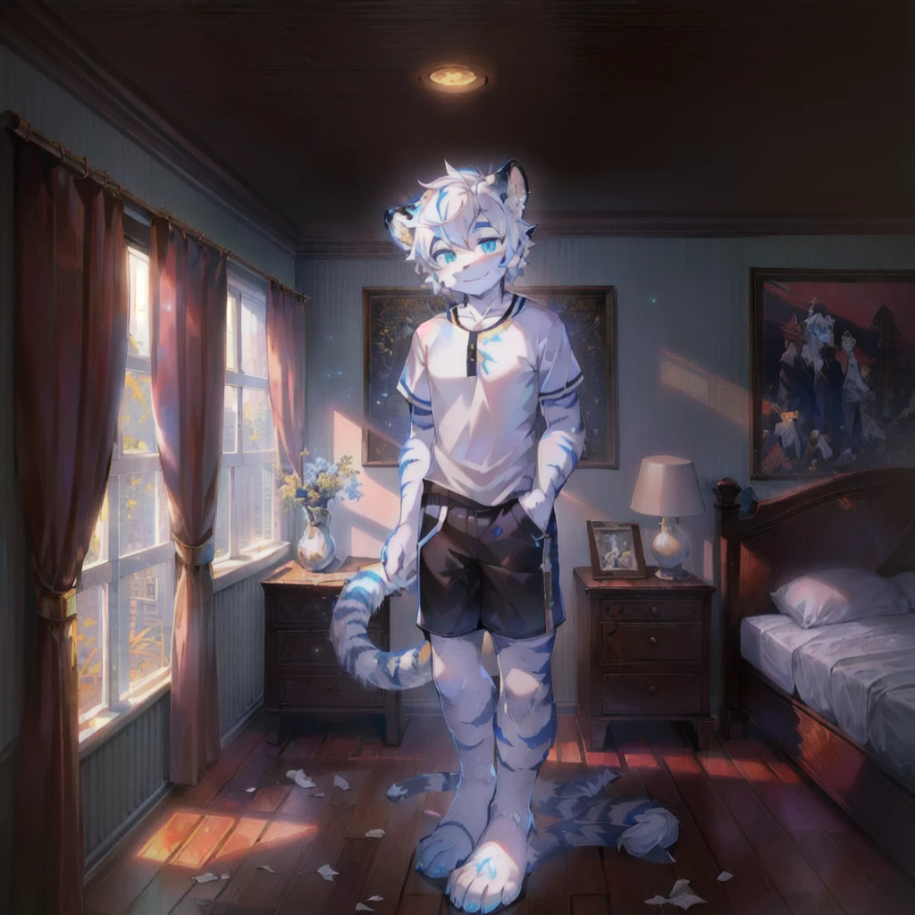 teenager, Short white hair, ear, Lower Body, bedroom,Standing on the ground,hairy, White hair everywhere, White hair everywhere, White Tiger, Tiger Tail, masterpiece, High quality portrait, Humanoid, youth style, posture, panoramic, White Tiger型, Green short sleeves, Black shorts, super Handsome face, Handsome, Tiger Youth, blue eyes, White Tiger, white ear, barefoot
