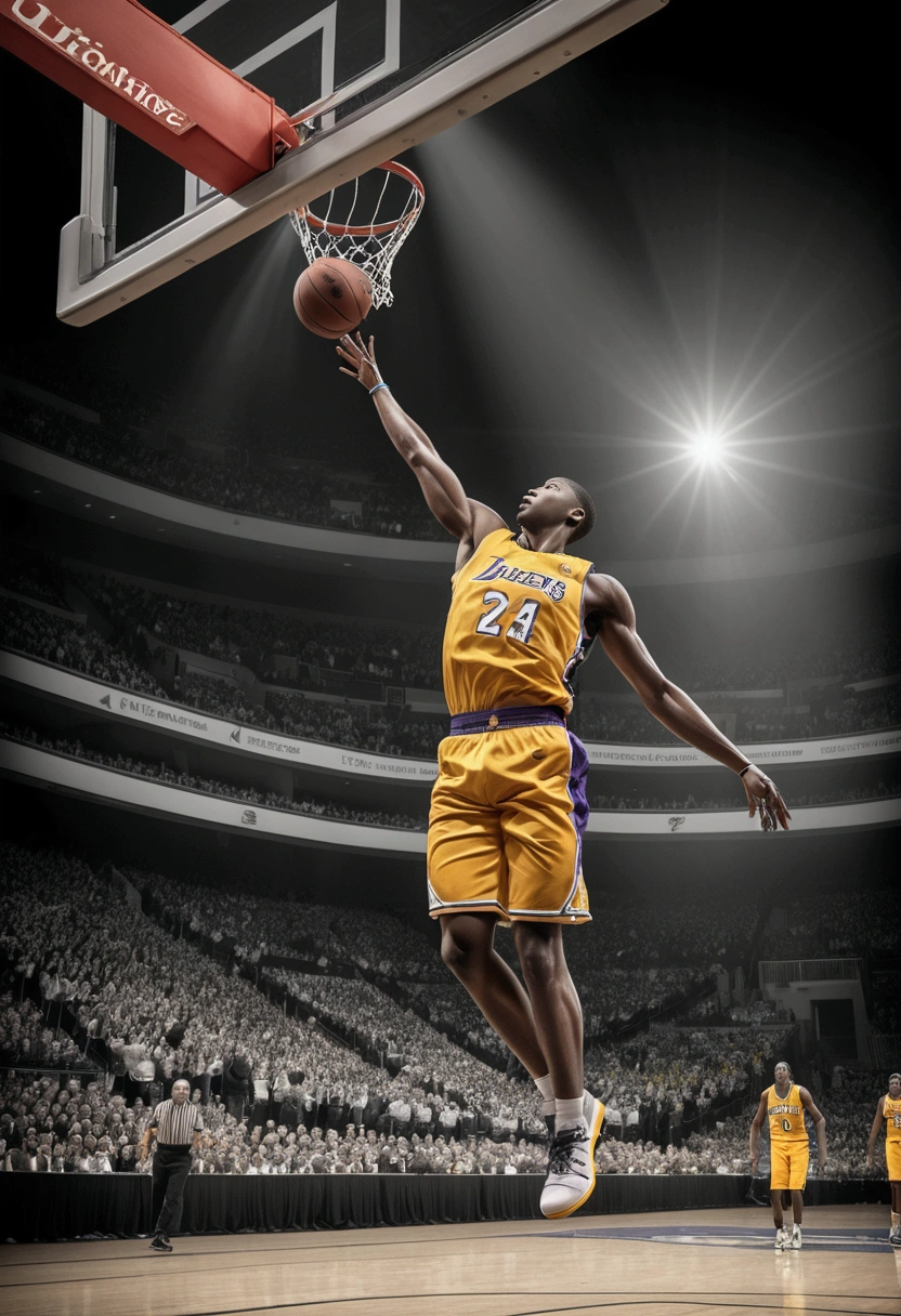 (Game-Winning Dunk, basketball hoop), Capture the ethereal light and shadow in a stunning photograph with selective color details, revealing the hidden poetry of (glowing objects), full body, award-winning, cinematic still, emotional, vignette, dynamic, vivid, (masterpiece, best quality, Professional, perfect composition, very aesthetic, absurdres, ultra-detailed, intricate details:1.3)