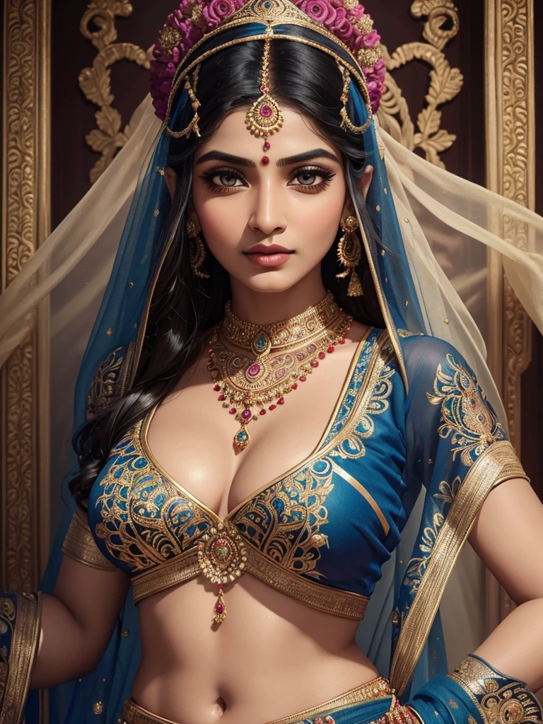 pooja hedge, beautiful detailed eyes, beautiful detailed lips, extremely detailed face and eyes, long eyelashes, indian woman, traditional indian lehenga, intricate ornate jewelry, ornate headdress, opulent, vibrant colors, detailed embroidery, shimmering fabric, ornate decorative background, photo-realistic, 8k, highly detailed, masterpiece