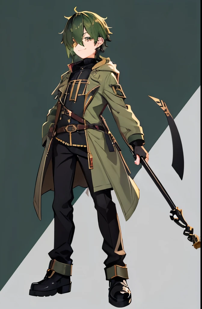 juvenile male Dark green hair Mechacle Hair covering the left eye Snake Accessories Hazel Eye (hair over one eye) Long sideburns smile whole body Large metal walking stick (full body) (evil smile)