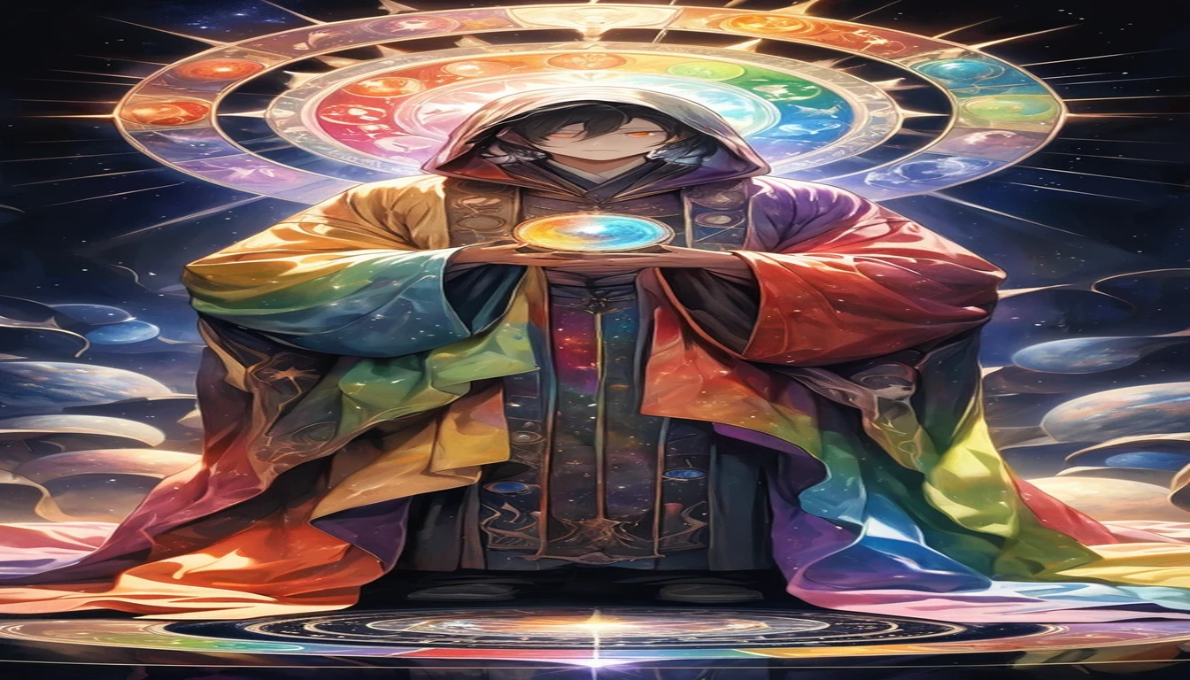 Dark fantasy, Transparent pastel watercolor, Valuable historical paintings,
astrologer, Man in a rotting robe, Just One, Just one, Shining in a fantastic rainbow color, Old robes that cover the whole body,
Break Doing horoscopes for the audience, Sharing consciousness with the dark universe,
BREAK Deploy the magic circle, Horoscope-based magic, Aesthetically pleasing interior lighting,
Blake covers his whole body in a robe, Facial expressions that cannot be distinguished in the dark, Only one eye glows red, Very powerful glowing eyes,
Break Kneeling to the audience, Unwavering loyalty to the audience,
BREAK Professional spraying, Fine and exquisite texture, Detailed and precise brushwork, Detailed and vivid depiction, Anatomically correct, Absurd aesthetics,
Breaking the transparent coating, Reflection of beauty, Sharp mirror reflections and flickering light, Aesthetic harmony with the heavens, A dark background to make your subject stand out, dramatic cinematographic lighting,
Breaking the highest quality, Highest Resolution, Octane Rendering, superretinal vision,