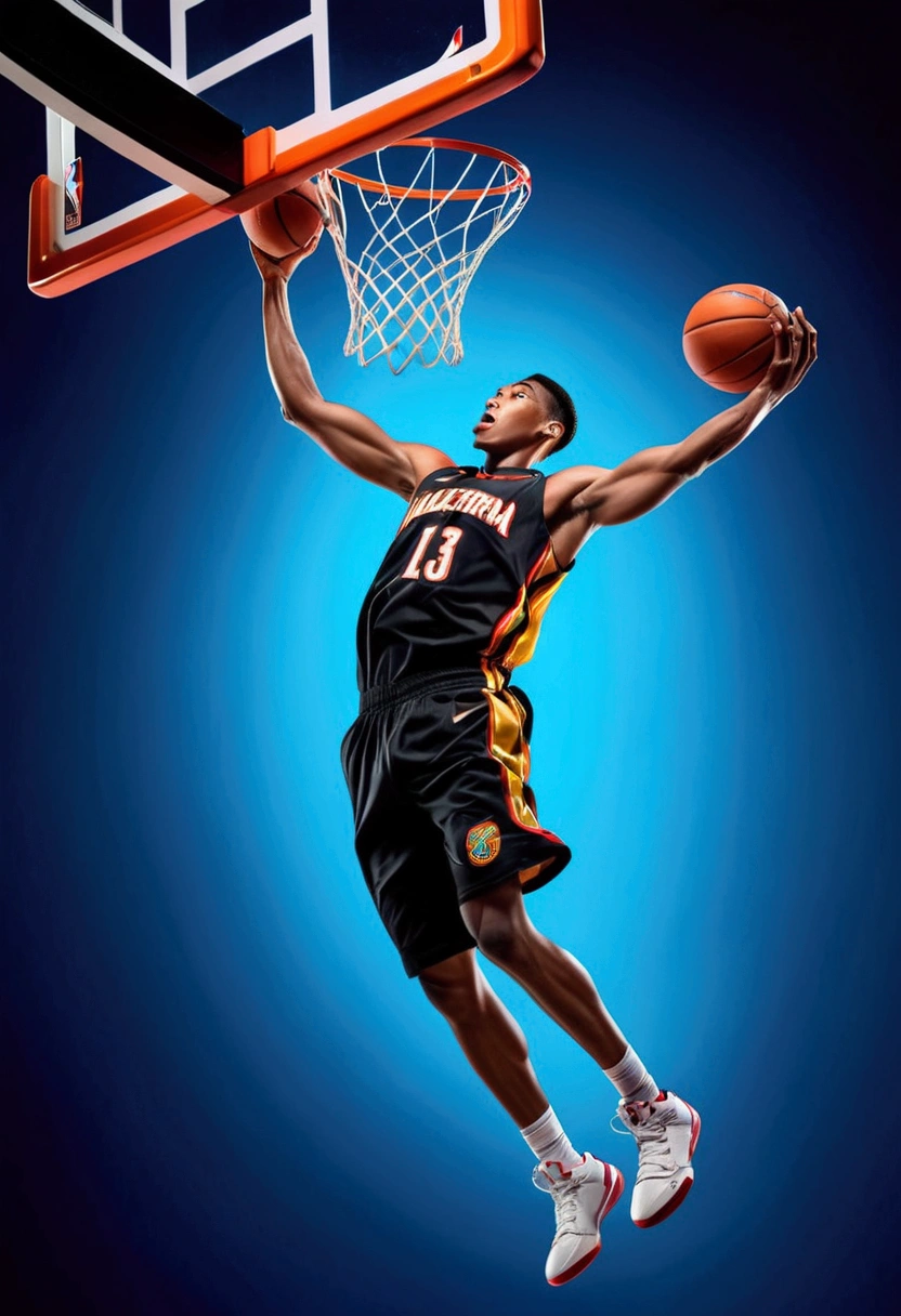 (Game-Winning Dunk, basketball hoop), athlete dynamic pose, perfect lighting, perfect capture of sports moments, delicate texture, vivid colors, vibrant energy, full body, award-winning, cinematic still, emotional, vignette, dynamic, vivid, (masterpiece, best quality, Professional, perfect composition, very aesthetic, absurdres, ultra-detailed, intricate details:1.3)