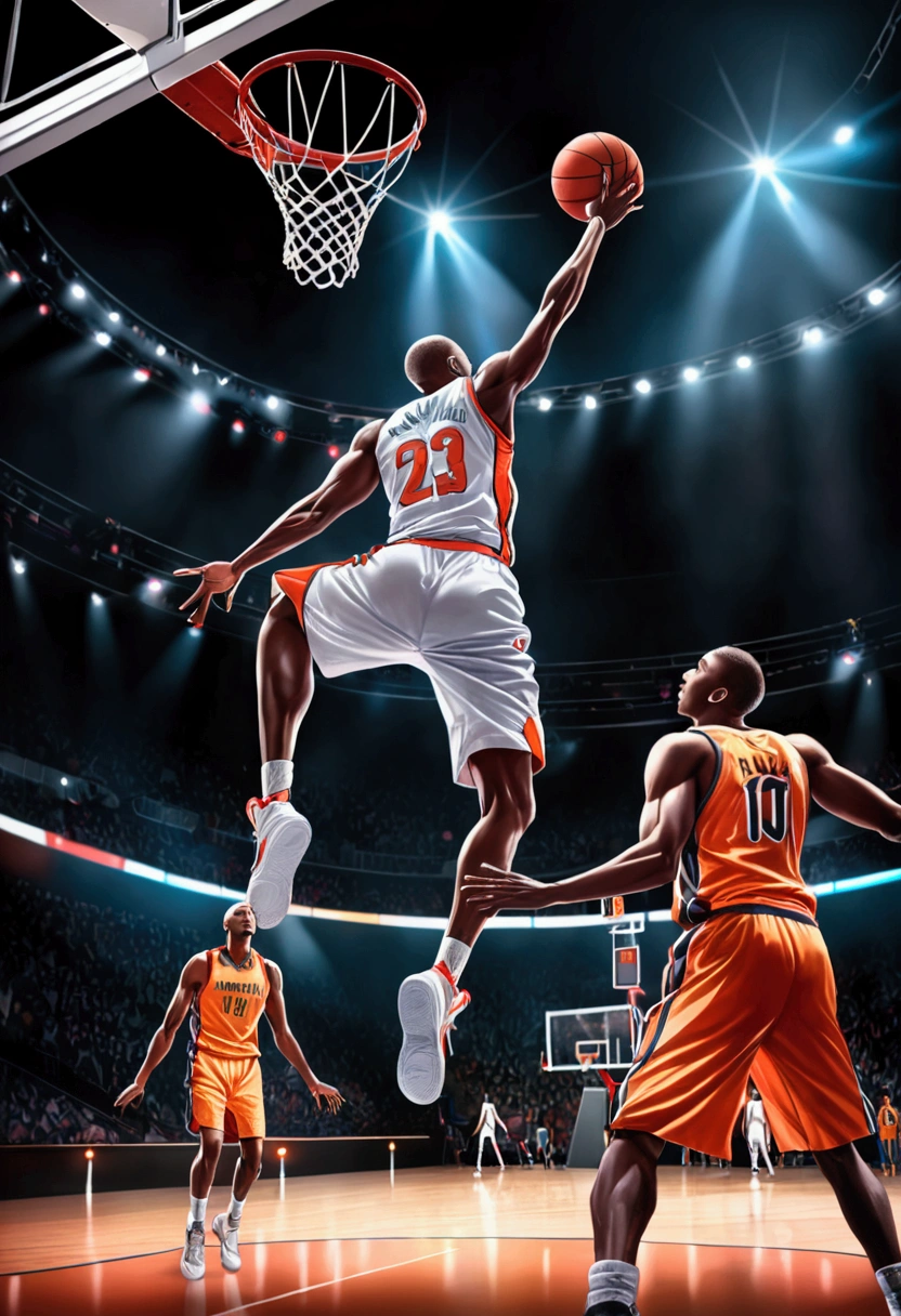 (Game-Winning Dunk, basketball hoop), Capture the ethereal light and shadow in a stunning photograph with selective color details, revealing the hidden poetry of (glowing objects), full body, award-winning, cinematic still, emotional, vignette, dynamic, vivid, (masterpiece, best quality, Professional, perfect composition, very aesthetic, absurdres, ultra-detailed, intricate details:1.3)