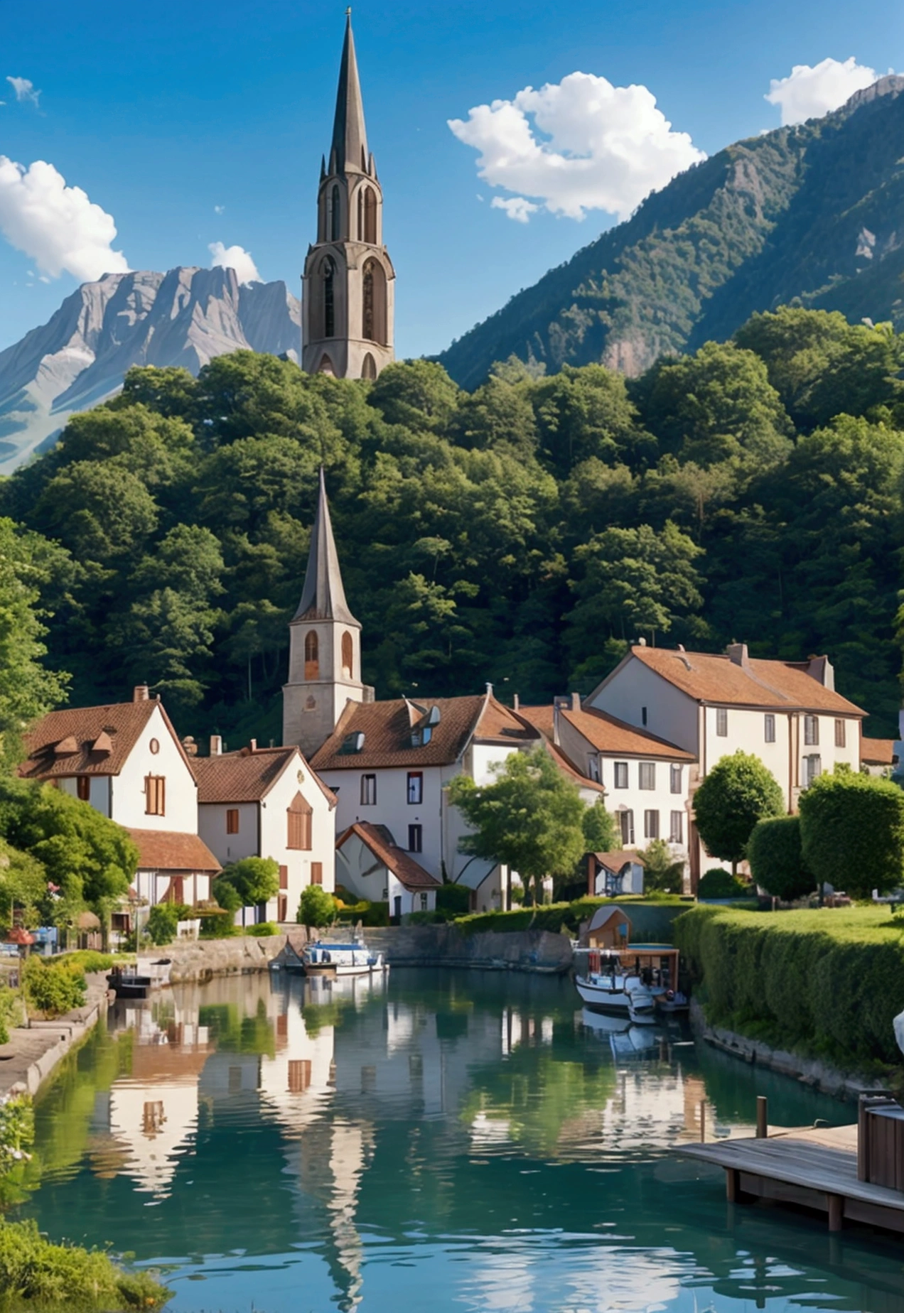 A picturesque lakeside village with traditional European architecture, surrounded by majestic mountains under a clear blue sky. A calm lake reflects the beautiful village, with a white boat sailing across. The village features a prominent church with a tall spire, colorful houses with wooden balconies, and lush greenery. The morning sunlight casts a warm glow on the scene, highlighting the natural beauty and tranquility of the area.