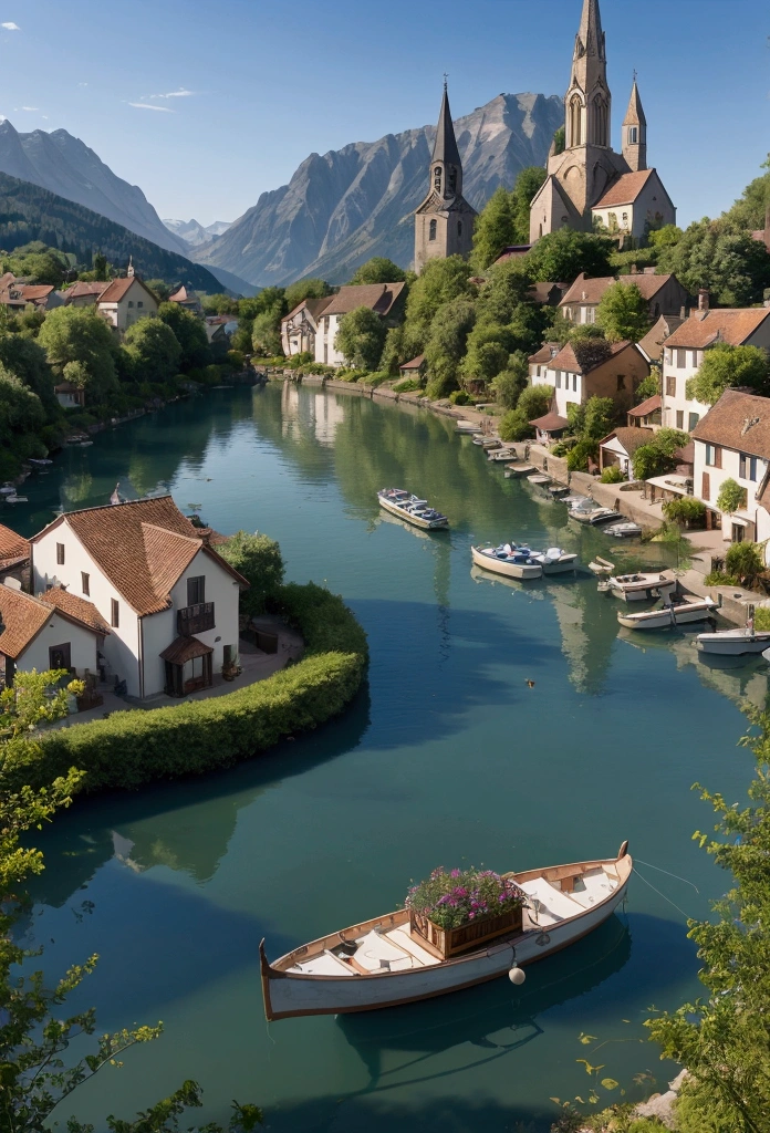 A picturesque lakeside village with traditional European architecture, surrounded by majestic mountains under a clear blue sky. A calm lake reflects the beautiful village, with a white boat sailing across. The village features a prominent church with a tall spire, colorful houses with wooden balconies, and lush greenery. The morning sunlight casts a warm glow on the scene, highlighting the natural beauty and tranquility of the area.