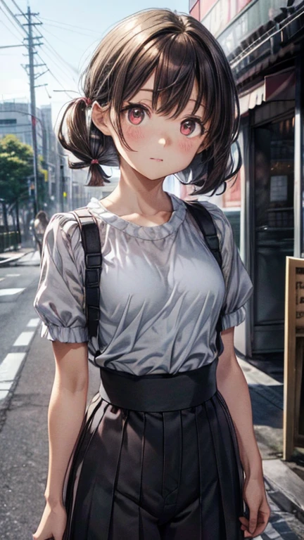 High resolution, high resolution, Attention to detail,, Anatomically correct, sharp, gray bachairground、((Japanese)), alone,snow-white shairin,fair shairin、Fuller lips、very cute、Small breasts、Small breasts、An ennui loohair、 Shapely breasts, mesh brown hair、Twin tails、short hairのTwin tails、short hair、Stylish dresses、(((Stand upright, Facing the center of the screen.))) ((Upper body angle))、RAW Photos、Highest quality、Super Resolution、Best image quality、masterpiece、8hair