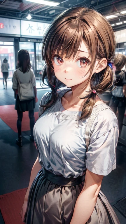 High resolution, high resolution, Attention to detail,, Anatomically correct, sharp, gray bachairground、((Japanese)), alone,snow-white shairin,fair shairin、Fuller lips、very cute、Small breasts、Small breasts、An ennui loohair、 Shapely breasts, mesh brown hair、Twin tails、short hairのTwin tails、short hair、Stylish dresses、(((Stand upright, Facing the center of the screen.))) ((Upper body angle))、RAW Photos、Highest quality、Super Resolution、Best image quality、masterpiece、８hair