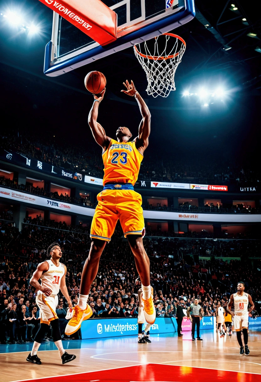 (Game-Winning Dunk, basketball hoop), Capture the ethereal light and shadow in a stunning photograph with selective color details, revealing the hidden poetry of (glowing objects), full body, award-winning, cinematic still, emotional, vignette, dynamic, vivid, (masterpiece, best quality, Professional, perfect composition, very aesthetic, absurdres, ultra-detailed, intricate details:1.3)