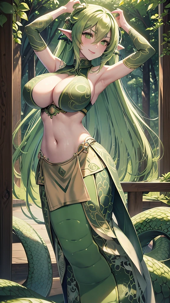 Best quality, cinematic image, detailed image, fantasy, detailed face, detailed beautiful green eyes, Beautiful woman, lamia, snake tail, snake eyes, high, athletic build, wide hips, big breasts, very long lush green hair, long fluffy eyelashes, thick eyebrows, dancer outfit, Seductive smile, spring forest