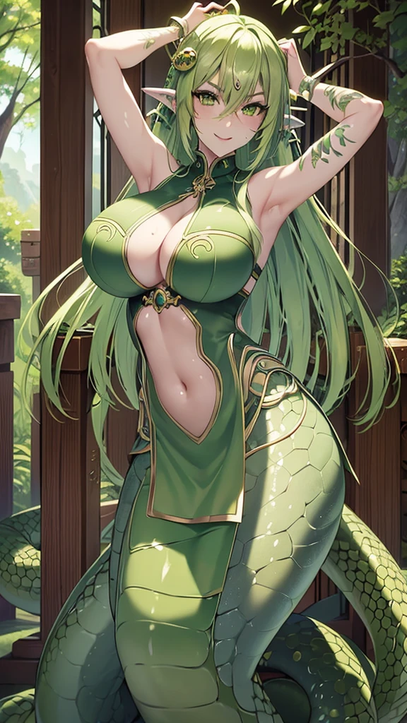 Best quality, cinematic image, detailed image, fantasy, detailed face, detailed beautiful green eyes, Beautiful woman, lamia, snake tail, snake eyes, high, athletic build, wide hips, big breasts, very long lush green hair, long fluffy eyelashes, thick eyebrows, dancer outfit, Seductive smile, spring forest 