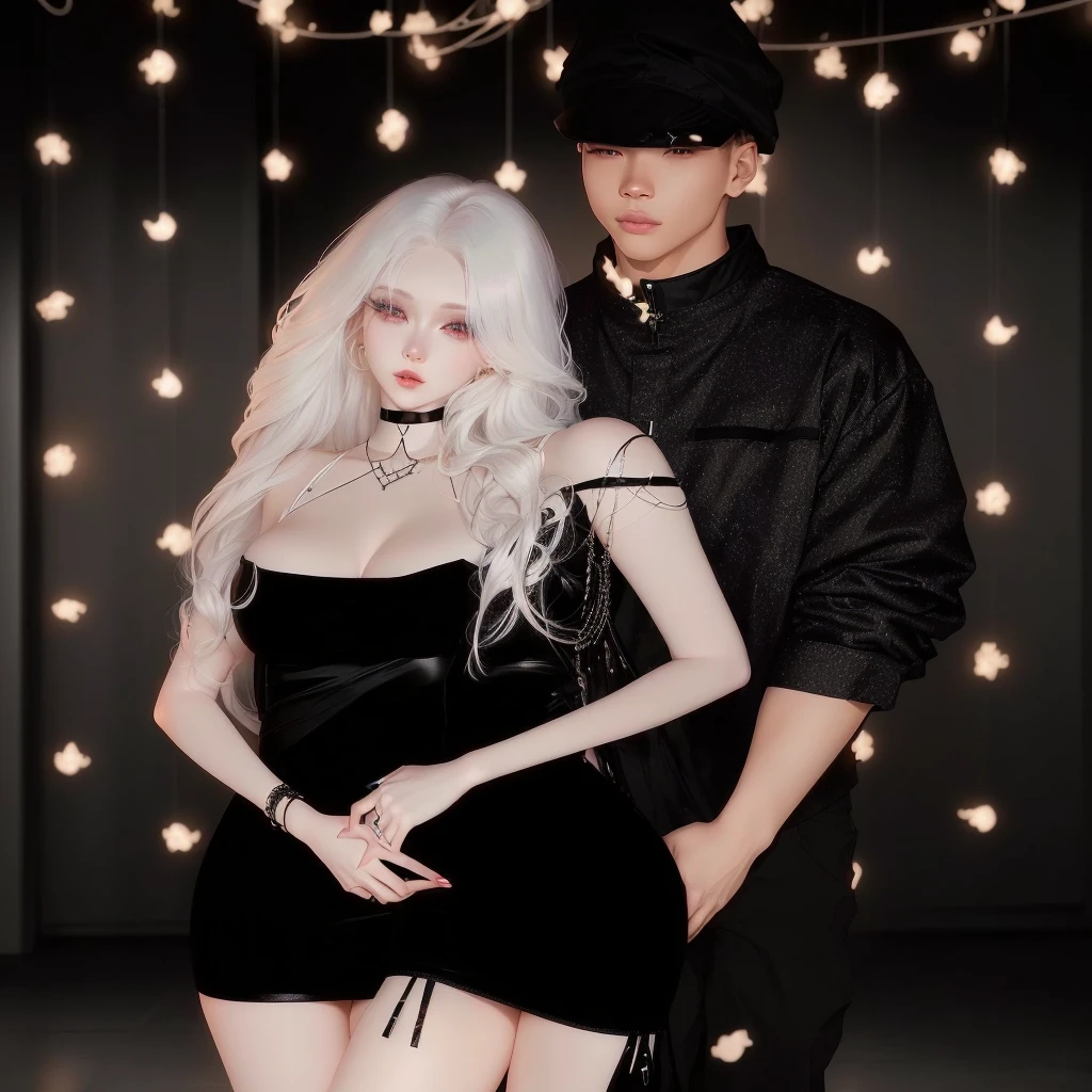 there is a man and a woman standing next to each other, couple pose, imvu, lovely couple, tumblr, ☁🌪🌙👩🏾, long glowing ethereal hair, (12x) extremely pale white skin, inspired by Wang Duo, smooth in _ the background, from 8 k matte, dark and realistic, inspired by Kim Deuk-sin