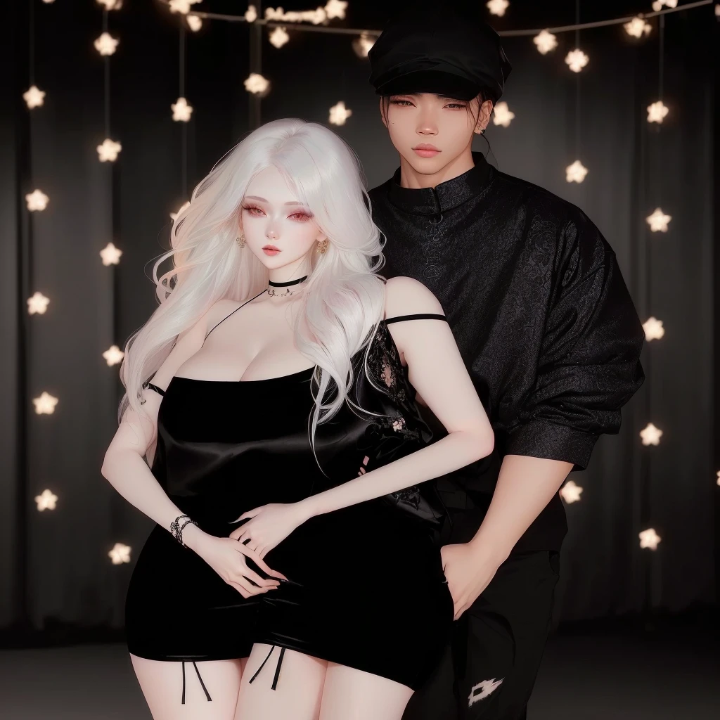 there is a man and a woman standing next to each other, couple pose, imvu, lovely couple, tumblr, ☁🌪🌙👩🏾, long glowing ethereal hair, (12x) extremely pale white skin, inspired by Wang Duo, smooth in _ the background, from 8 k matte, dark and realistic, inspired by Kim Deuk-sin