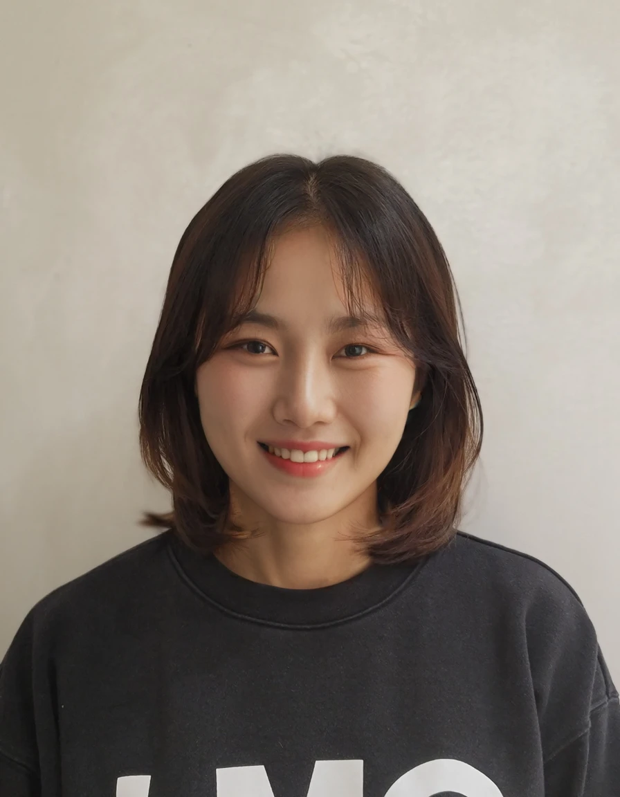 Best Quality, 8k, Masterpiece, (Portrait: 1.3), (photo realistic:1.4), (hyper realistic:1.4), Sharp Focus, looking at viewer, (smoother lighting:1.1), (increase cinematic lighting quality:0.9), realistic lighting, backlighting, light on face, ray trace, (brightening light:1.2), (Increase quality:1.4), sharp detail, (best quality real texture skin:1.4), finely detailed eyes, black_eyes, finely detailed face, 25 year old Korean woman, smiling_face