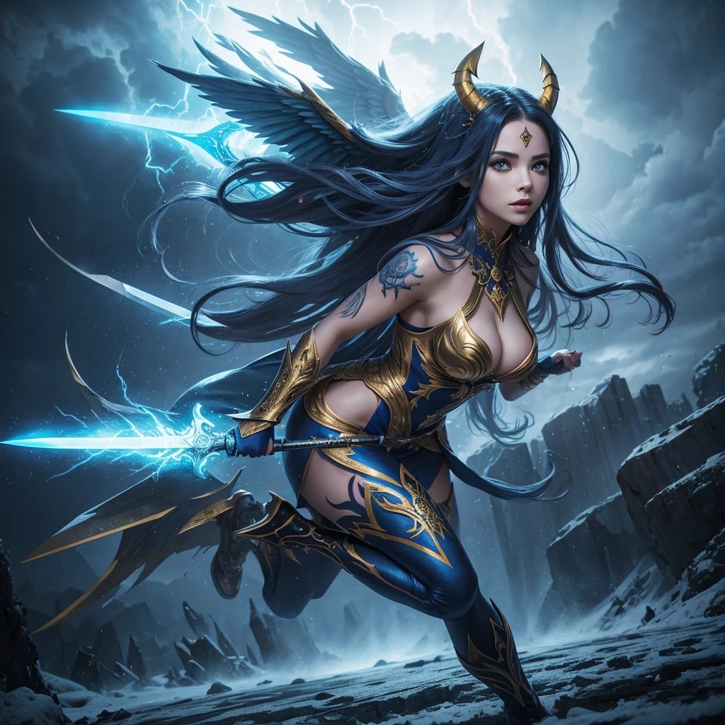 pretty face demon princess long beautiful hair windblown in a blue, silver, yellow, red and gold costume, striking jumping fighting stunning pose on a stormy frosty skull floor, intricate tattoo on her body, kylin mount, straight forward.
The background features a extremely frosted sky, with vibrant darkness and effects like lightning smoke ice and flame. also includes mechanical body cosplay, fairy tale elements, and demonic wings. She is holding a giant ancient sword.