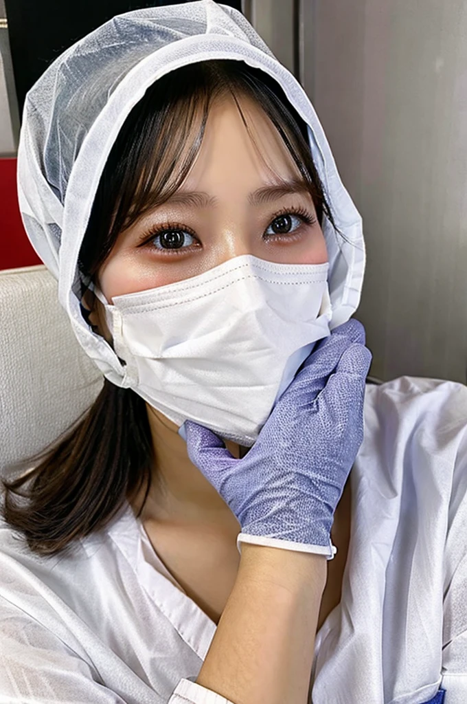 Female nurse wearing gloves covers patient’s mouth with cloth