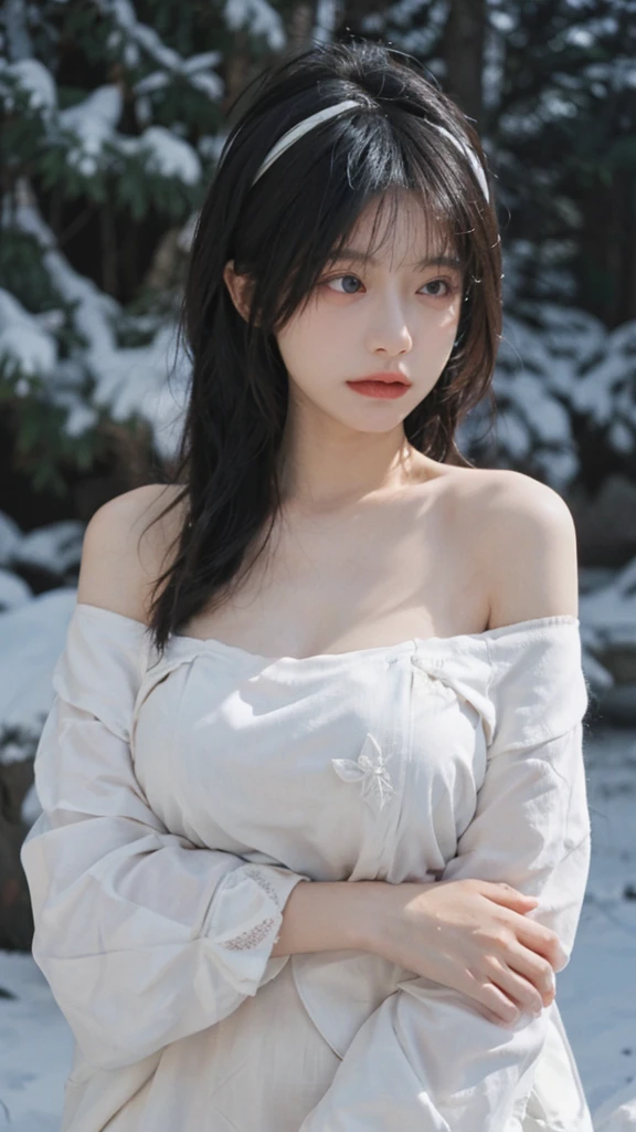 Portrait photography,1 girl,Off Shoulder,Snow Scene,Snowing background,Off Shoulder蝴蝶印花连衣裙女夏季性感辣妹收腰修身包臀裙子,Flowers,White,whole body:1.4,Lipstick,(Big Breasts:1.6),Headband,serene,calm,(Realistic and detailed eyes,Natural skin texture,Realistic facial details),