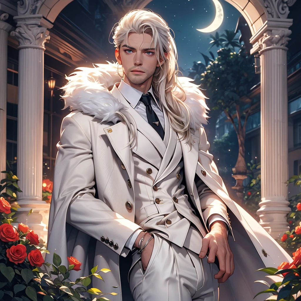 masterpiece, Highest quality, (alone focus), (Perfect Face:1.1), (Attention to detail:1.1), (Ultra-detailed eyes), dramatic, 1 person, (Pale skin), Long white hair, Psychic Eyes, (Thin eyebrows), alone, Long Hair, Tiago Azevedo, moon, night, White luxury suit, Pouting, fur, Proud look,garden, Detailed Background, Art by artgerm, Cinema Lighting, rose, fashion, Balenciaga Style