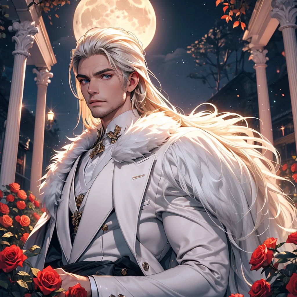 masterpiece, Highest quality, (alone focus), (Perfect Face:1.1), (Attention to detail:1.1), (Ultra-detailed eyes), dramatic, 1 person, (Pale skin), Long white hair, Psychic Eyes, (Thin eyebrows), alone, Long Hair, Tiago Azevedo, moon, night, White luxury suit, Pouting, fur, Proud look,garden, Detailed Background, Art by artgerm, Cinema Lighting, rose, fashion, Balenciaga Style